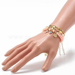 5Pcs 5 Style Handmade Polymer Clay Stretch & Brass Beaded & Alloy Link Chain Bracelets Set&nbsp;BJEW-SZ0001-66A