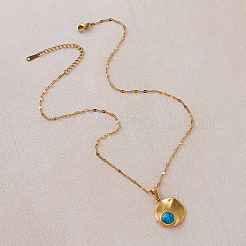 Vintage Style 304 Stainless Steel and Synthetic Turquoise Textured Disc Pendant Necklaces for Women&nbsp;LS-JC9668