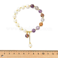 Round Natural Lodolite Quartz & Cultured Freshwater Pearl Beaded Charm Bracelets&nbsp;BJEW-JB14061-03