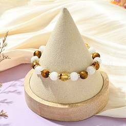 Natural Amber & Tiger Eye & Rainbow Moonstone Round Beaded Stretch Bracelets&nbsp;BJEW-JB14314-02