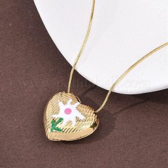 304 Stainless Steel Enamel Heart with Flower Pendant Necklaces for Women&nbsp;NJEW-D347-01G-02