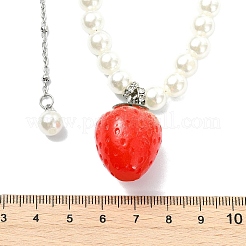 Resin Red Strawberry Pendant 304 Stainless Steel Paperclip Chain & Acrylic Pearl White Round Beaded Necklaces for Women&nbsp;NJEW-JN06113