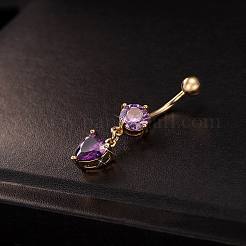 Real 18K Gold Plated Brass Rhinestone Heart Navel Ring Belly Rings&nbsp;AJEW-EE0001-56C