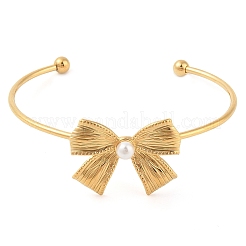 Bowknot 304 Stainless Steel Pave Shell Pearl Open Cuff Torque Bangles for Women&nbsp;BJEW-Z070-03G
