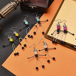 4 Pair 4 Color Synthetic Turquoise & Natural Lava Rock Braided Skeleton Dangle Earrings&nbsp;EJEW-TA00226