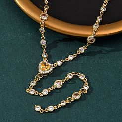 Brass Pave Cubic Zirconia Heart Pendant Y Tassel Necklaces for Women&nbsp;NJEW-A071-01G-03