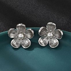 Brass ABS Plastic Imitation Pearl Flower Stud Earrings&nbsp;EJEW-S258-05P
