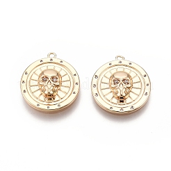 Flat Round with Skull Pattern Brass Micro Pave Clear Cubic Zirconia Pendants&nbsp;KK-G436-21G
