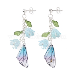 304 Stainless Steel Wing with Flower Dangle Stud Earrings&nbsp;EJEW-TA00696
