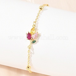 Brass Pave Colorful Cubic Zirconia Flower Link Bracelets for Women&nbsp;KK-CBA68DA-04G