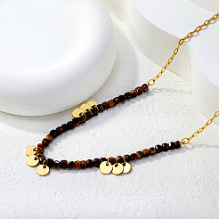 Natural Tiger Eye Faceted Cube Beaded 304 Stainless Steel Coin Tassel Necklaces for Women&nbsp;WG40AA0-01