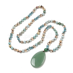 Natural Green Aventurine Teardrop Pendant Glass Beaded Long Necklaces&nbsp;GG-CBAE048-01C