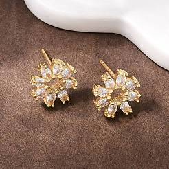 Flower Brass Micro Pave Clear Cubic Zirconia Stud Earrings&nbsp;EJEW-F400-01C-G