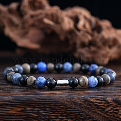 Natural Sodalite & Wood Lace Stone & Black Onyx(Dyed & Heated) Round Beaded Stretch Bracelets for Men&nbsp;DC0477