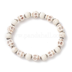 Halloween Dyed Synthetic Turquoise Skull & Round Beaded Stretch Bracelets for Men Women&nbsp;BJEW-JB12255-01