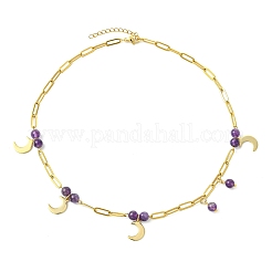 304 Stainless Steel Paperclip Chain Moon Pendant Necklaces with Natural Amethyst Beads for Women&nbsp;NJEW-JN06251-01