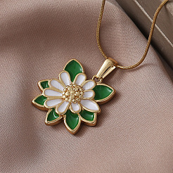 304 Stainless Steel Enamel White Flower with Green Leaf Pendant Necklaces for Women&nbsp;MJ2711
