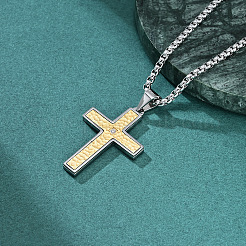 304 Stainless Steel Pave Clear Cubic Zirconia Hammered Religion Cross Pendant Necklaces for Men&nbsp;WG86616-01
