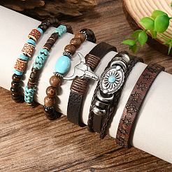 6Pcs 6 Styles Zinc Alloy and Wood Beads Coconut Shell Artificial Leather Cord Braided Bracelets & Stretch Bracelets Sets&nbsp;FS-WG2D370-01