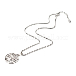 Non-Tarnish Flat Round with Tree of Life Pendant Necklace for Girl Women&nbsp;NJEW-JN03711