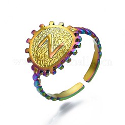 Rainbow Color 304 Stainless Steel Flat Round with Initial Cuff Ring&nbsp;RJEW-S405-139
