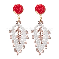 Rose with Leaf Seed Beads Stud Earrings&nbsp;EJEW-MZ00222