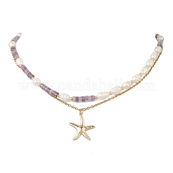 Natural Amethyst Heishi Beads and Rice Natural Pearl Beaded Double Layer 304 Stainless Steel Starfish Pendant Necklaces&nbsp;NJEW-JN05847-02