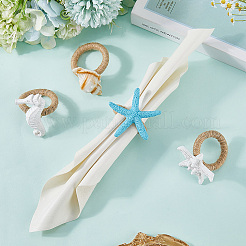 4Pcs 4 Styles Resin Conch Shell Starfish Sea Horse & Jute Rope Napkin Rings&nbsp;AJEW-GF0011-12