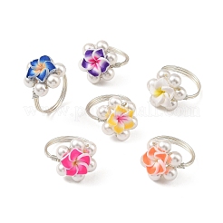 Silver Tone Copper Wire Wrapped Polymer Clay 3D Flower Plumeria & Shell Pearl Beaded Finger Rings&nbsp;RJEW-JR01098