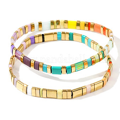 2Pcs Summer Multi-Color Mixed Stone Rectangle Beaded Stretch Bracelets with Gold Square&nbsp;LK8533
