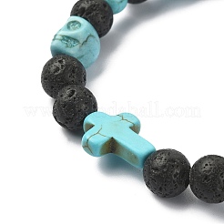 Dyed Natural & Synthetic Mixed Gemstone Skull & Cross Beaded Stretch Bracelets&nbsp;BJEW-TA00272-02