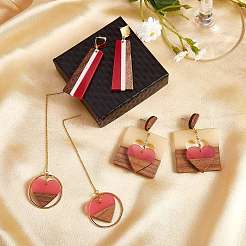 3 Pairs 3 Style Heart & Trapezoid & Square Resin & Walnut Wood Dangle Stud Earring&nbsp;EJEW-SW00014-01