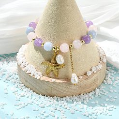Natural Aquamarine & Rose Quartz & Amethyst Round Beads Stretch Bracelets&nbsp;BJEW-JB14145-01