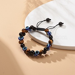Natural Tiger Eye & Eyeless Obsidian & Resin Evil Eye Braided Bead Bracelet&nbsp;BJEW-JB08840-02