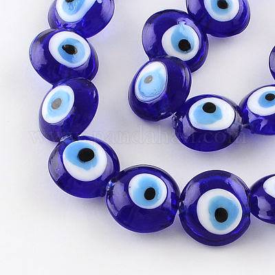 Flat Round Evil Eye Lampwork Bead Strands&nbsp;X-LAMP-R118-01-1