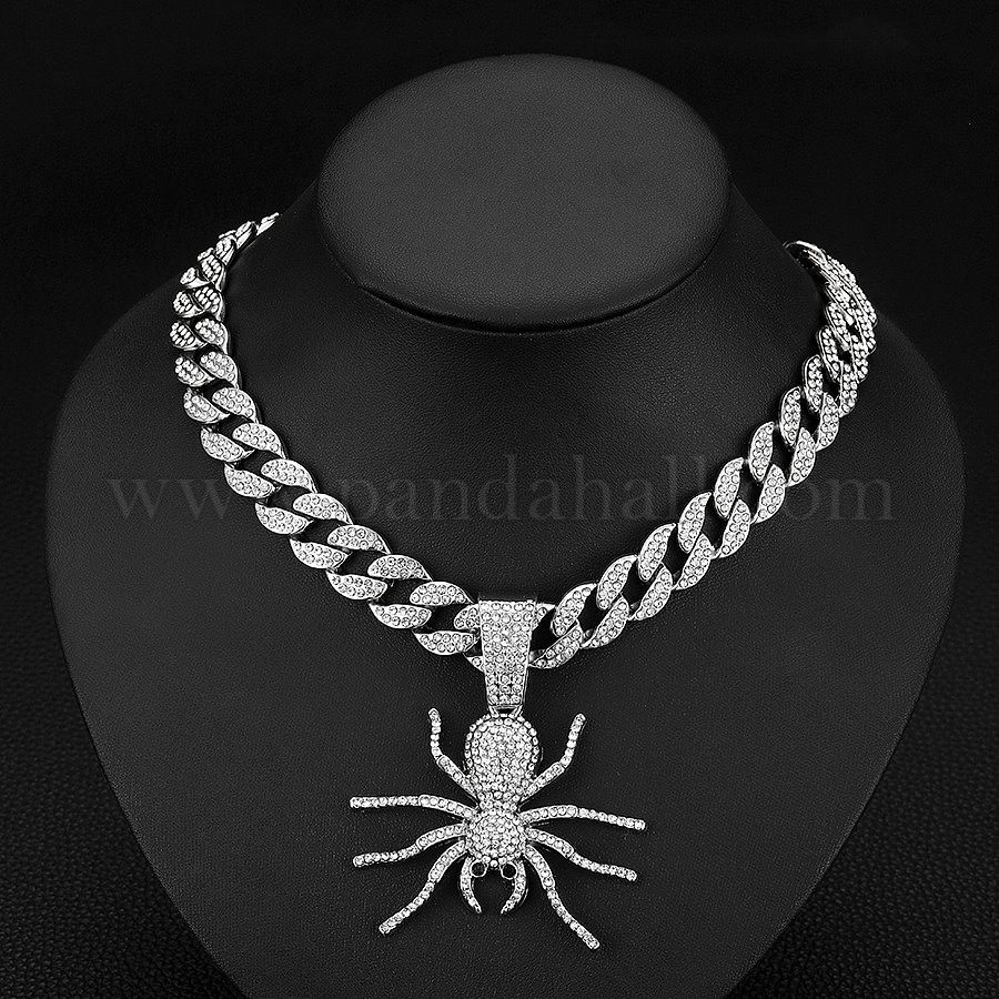 Pink Spider Chain Wholesale Alloy Full Crystal Rhinestone Halloween Spider Pendant Cuban ...