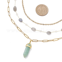 Natural Green Aventurine Double Terminated Pointed Bullet Pendant 304 Stainless Steel & Brass Chain 3 Layer Necklaces for Women&nbsp;NJEW-JN05477-02