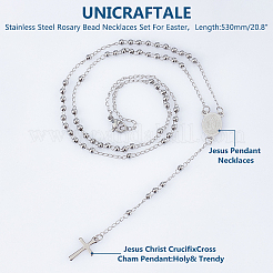 2Pcs 304 Stainless Steel Rosary Bead Necklaces Set For Easter&nbsp;NJEW-UN0001-43