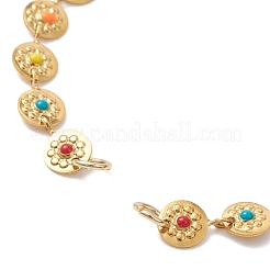 304 Stainless Steel Enamel Colorful Flat Round with Flower Link Chain Bracelet Making&nbsp;AJEW-JB01599