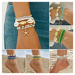 2 Bags Summer Beach Glass Seed Beaded & Natural Shell & Alloy Starfish Charm Anklet Sets&nbsp;AJEW-TA0003-69D