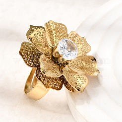201 Stainless Steel Pave Single Cubic Zirconia Adjustable Cuff Rings for Women&nbsp;RJEW-K318-02D-G