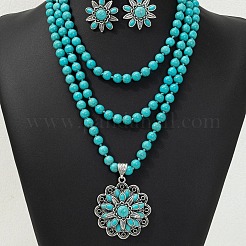 Flower Synthetic Turquoise with Alloy Pendant Necklaces & Stud Dangle Earrings Sets&nbsp;WG550B3-01