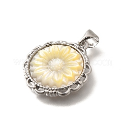 Brass Pave Natural Yellow Shell Carved Flower Pendants&nbsp;KK-Z091-02P