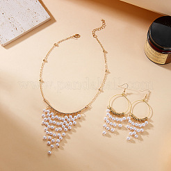 Alloy & Round Imitation Pearl Tassel Necklaces & Earring Set for Women&nbsp;WG0A440-01