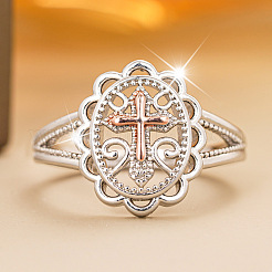 Oval with Cross Pattern Hollow Out Brass Finger Rings for Women&nbsp;FS-WG4621C-03