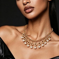 Imitation Pearl Round Ball Tassel Bib Necklaces&nbsp;WG10892-01