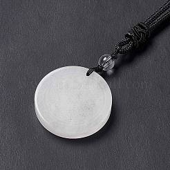 Natural Quartz Crystal Flat Round with Flower of Life Pendant Necklace with Nylon Cord for Women&nbsp;NJEW-P274-02-07