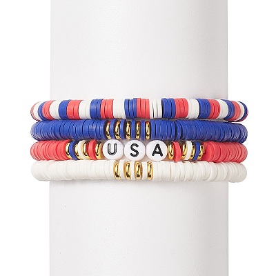 Wholesale 4Pcs 4 Style Independence Day Polymer Clay Heishi Surfer Stretch Bracelets Set Pandahall